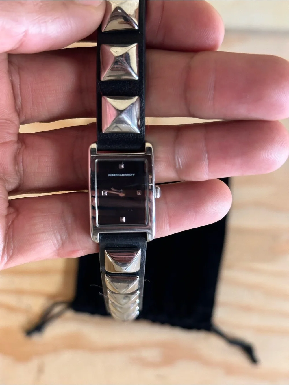 Rebecca Minkoff Black Leather Studded Square Dial Moment Watch w Silver Accents